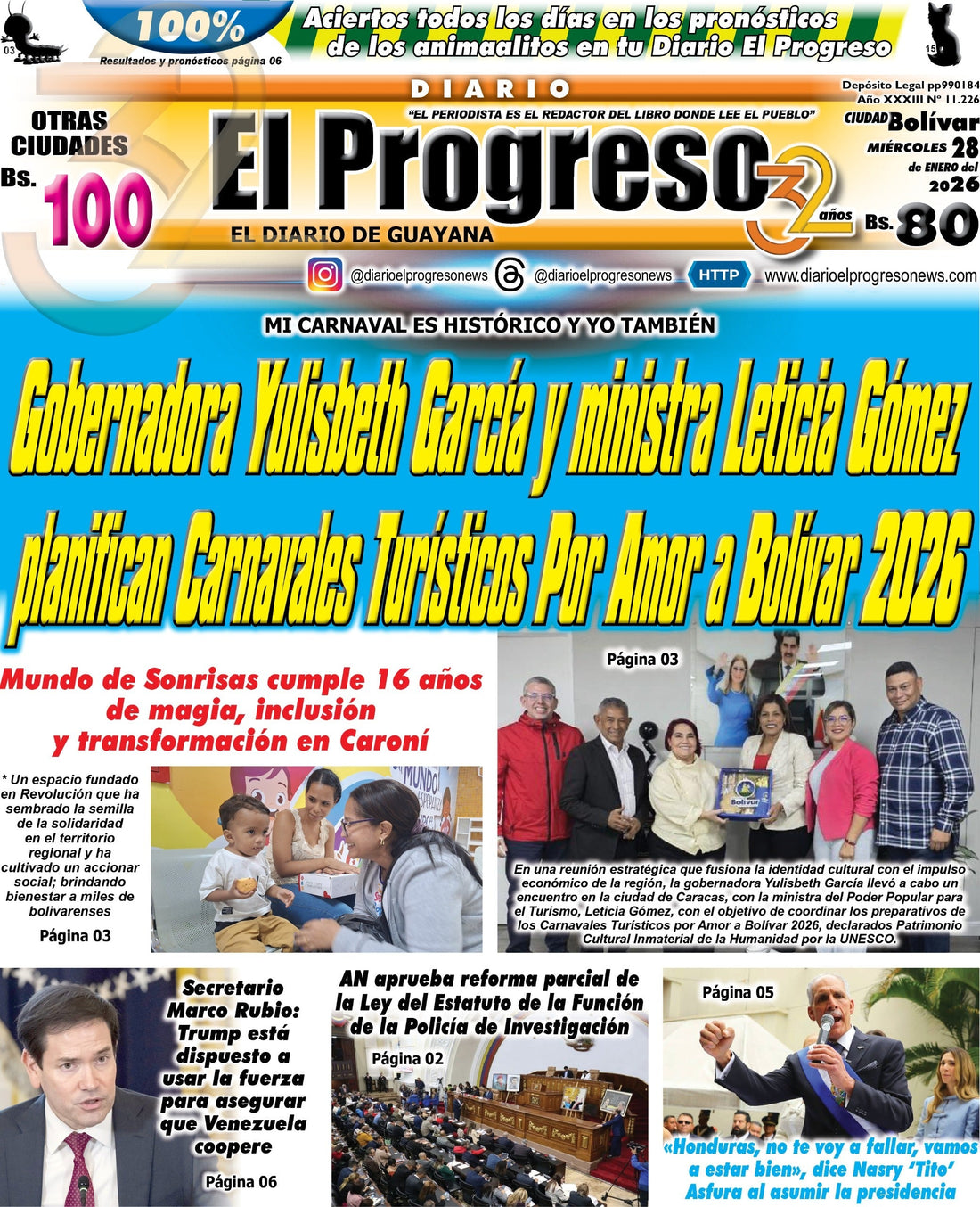 TITULARES DIARIO EL PROGRESO  EDICIÓN MIÉRCOLES 28 DE ENERO DE 2026