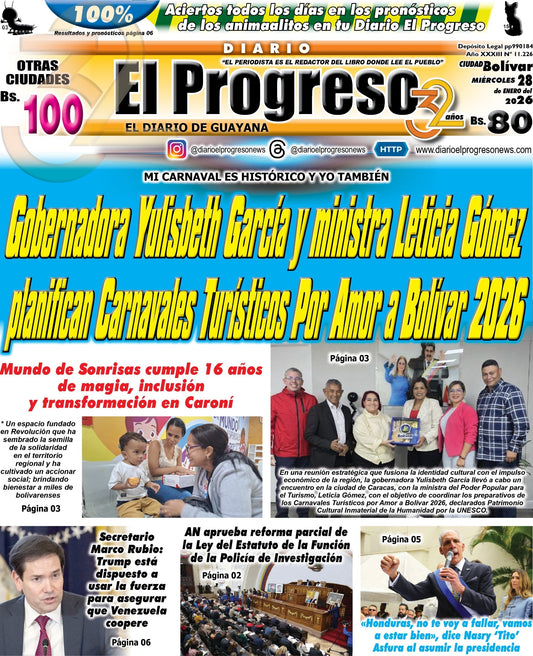 TITULARES DIARIO EL PROGRESO  EDICIÓN MIÉRCOLES 28 DE ENERO DE 2026
