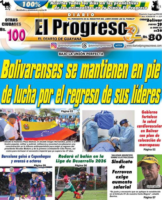 TITULARES DIARIO EL PROGRESO  EDICIÓN JUEVES 29 DE ENERO DE 2026