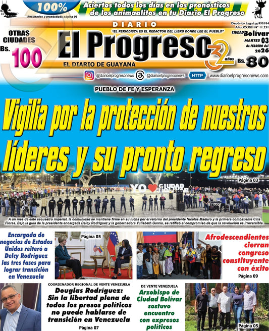 TITULARES DIARIO EL PROGRESO  EDICIÓN MARTES 03 DE FEBRERO DE 2026