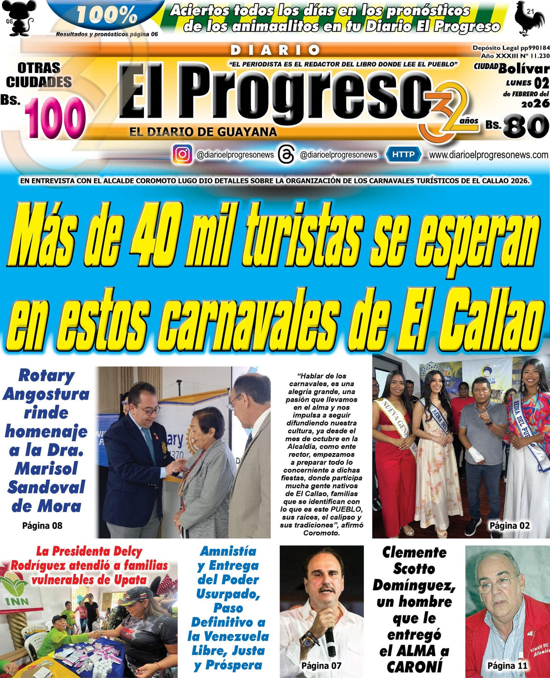 TITULARES DIARIO EL PROGRESO  EDICIÓN LUNES 02 DE FEBRERO DE 2026