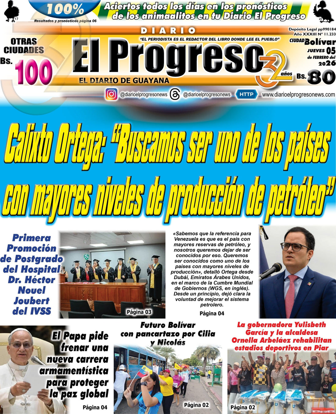 TITULARES DIARIO EL PROGRESO  EDICIÓN JUEVES 05 DE FEBRERO DE 2026