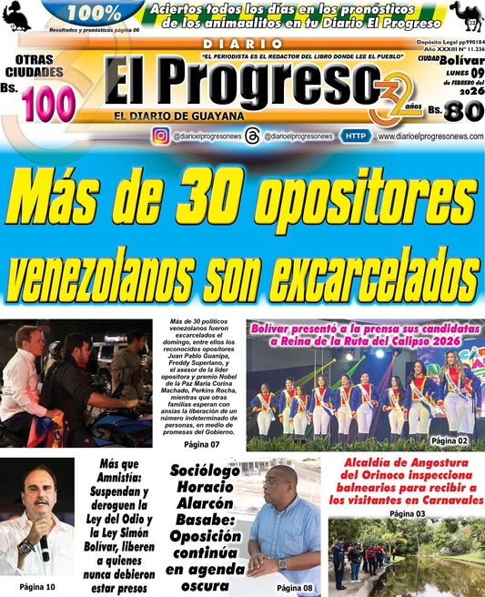 TITULARES DIARIO EL PROGRESO  EDICIÓN LUNES 09 DE FEBRERO DE 2026