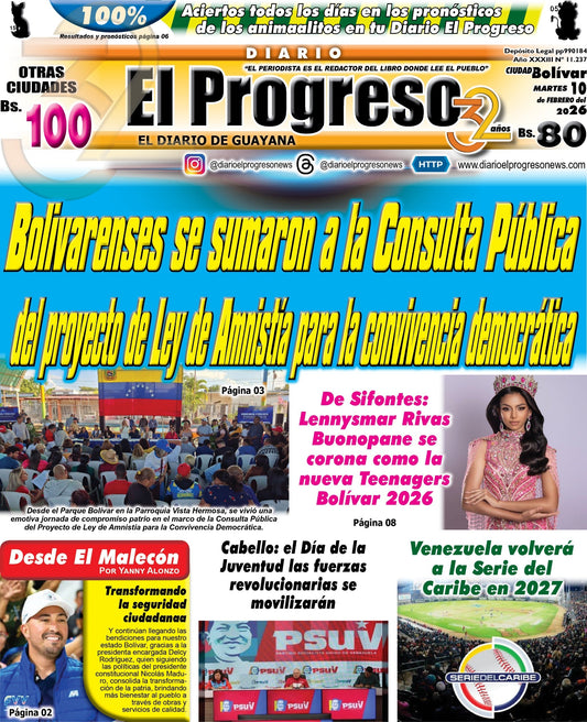 TITULARES DIARIO EL PROGRESO  EDICIÓN MARTES 10 DE FEBRERO DE 2026