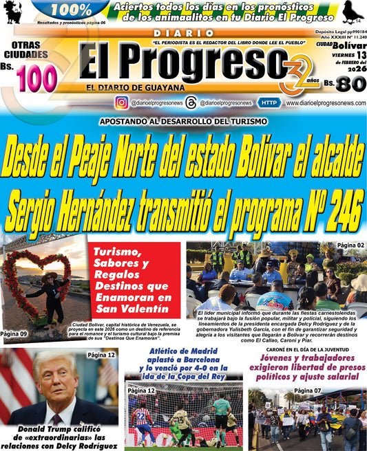 TITULARES DIARIO EL PROGRESO  EDICIÓN VIERNES 13 DE FEBRERO DE 2026