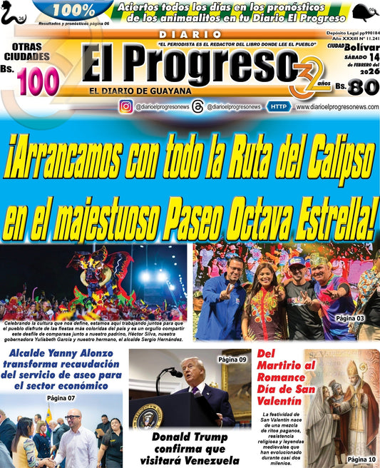 TITULARES DIARIO EL PROGRESO  EDICIÓN SÁBADO 14 DE FEBRERO DE 2026