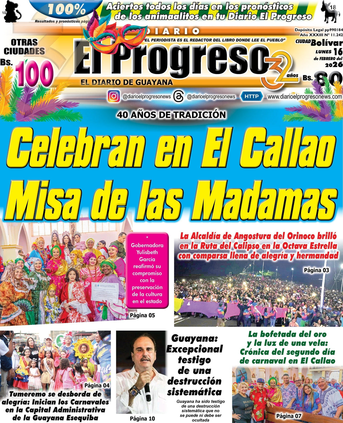 TITULARES DIARIO EL PROGRESO  EDICIÓN LUNES 16 DE FEBRERO DE 2026