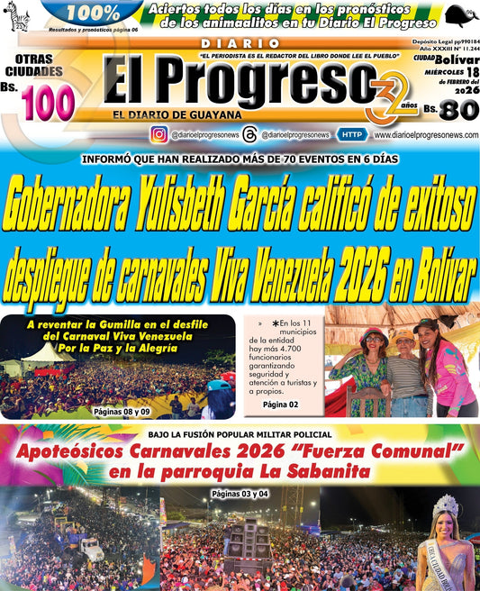 TITULARES DIARIO EL PROGRESO  EDICIÓN MIÉRCOLES 18 DE FEBRERO DE 2026