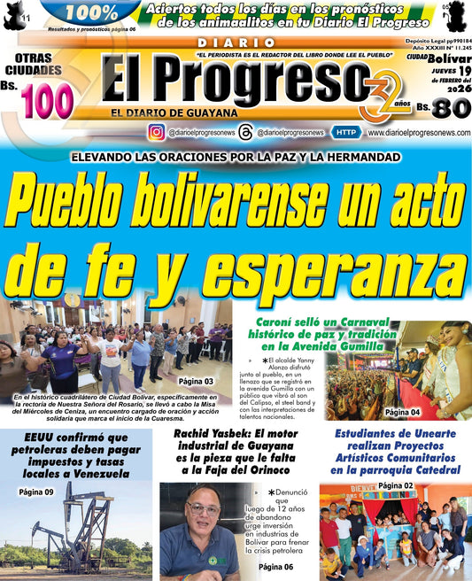 TITULARES DIARIO EL PROGRESO  EDICIÓN JUEVES 19 DE FEBRERO DE 2026
