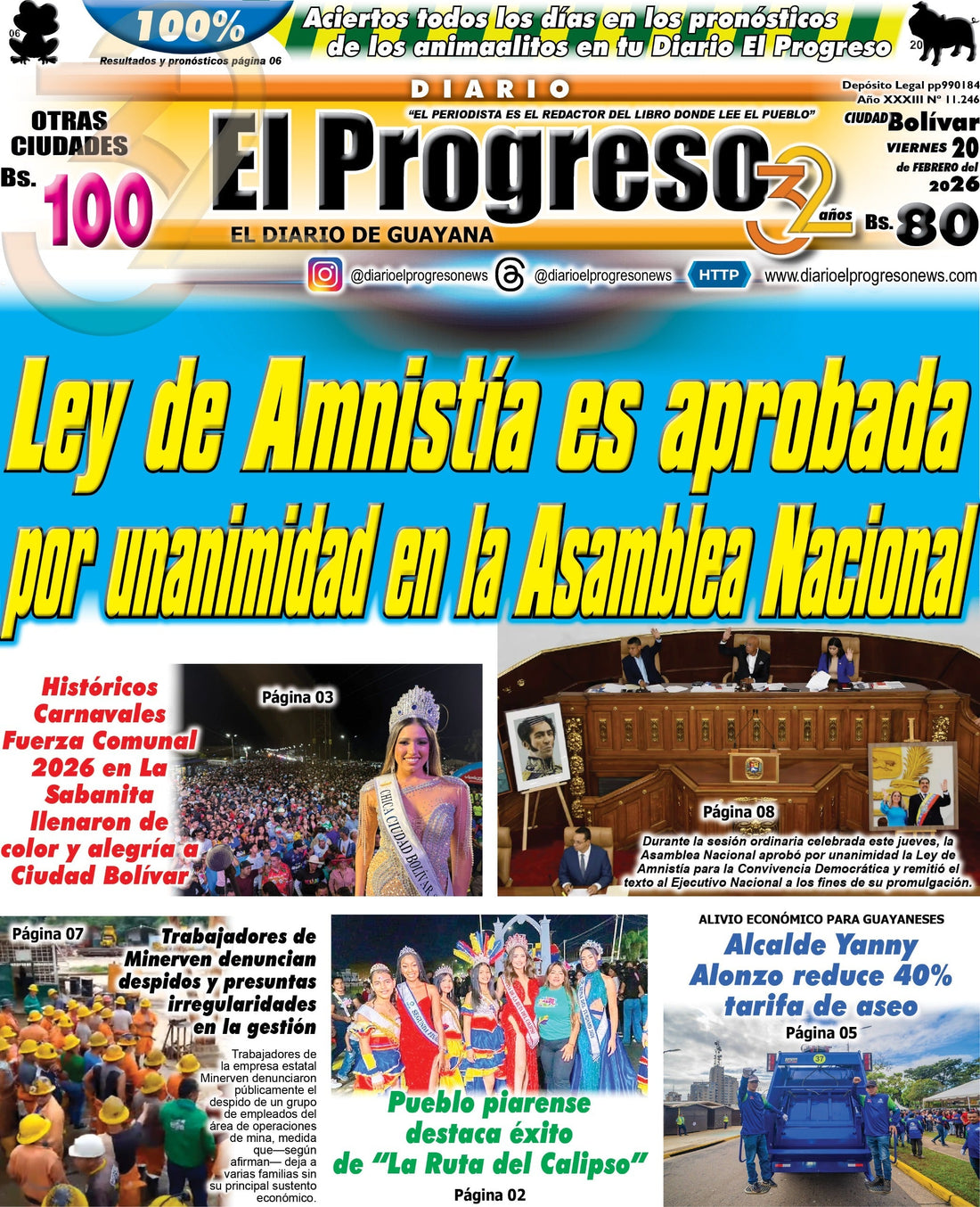 TITULARES DIARIO EL PROGRESO  EDICIÓN VIERNES 20 DE FEBRERO DE 2026