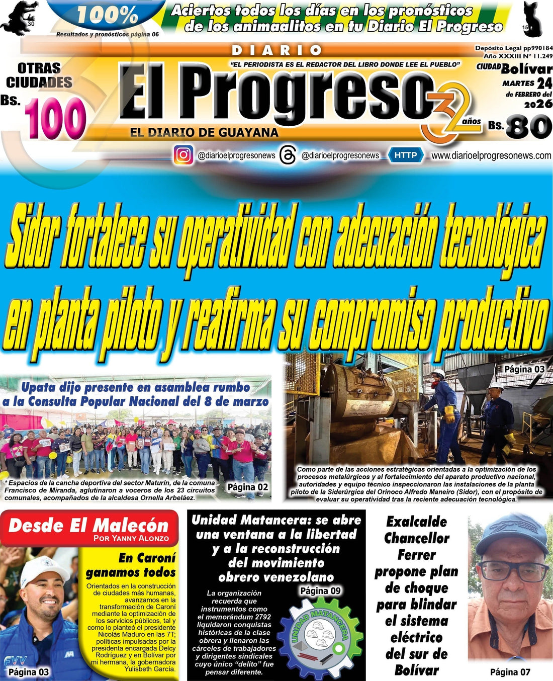 TITULARES DIARIO EL PROGRESO  EDICIÓN MARTES 24 DE FEBRERO DE 2026