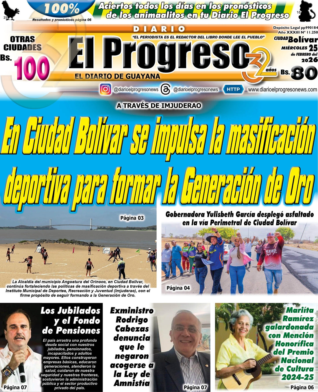 TITULARES DIARIO EL PROGRESO  EDICIÓN MIÉRCOLES 25 DE FEBRERO DE 2026