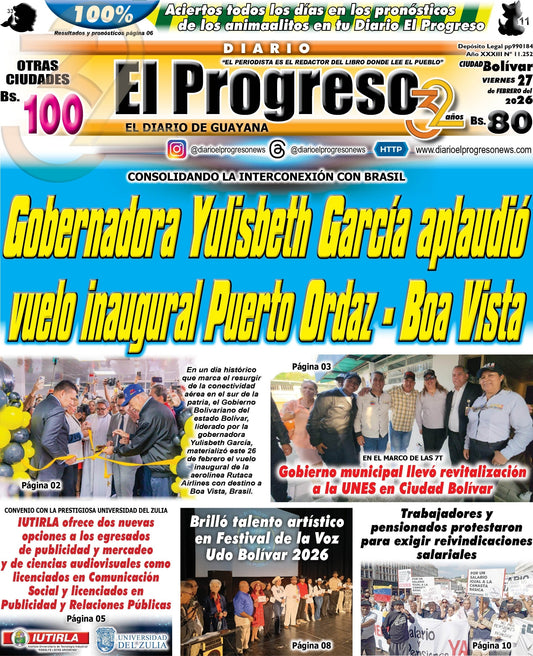 TITULARES DIARIO EL PROGRESO  EDICIÓN VIERNES 27 DE FEBRERO DE 2026