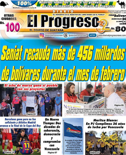 TITULARES DIARIO EL PROGRESO  EDICIÓN MIÉRCOLES 04 MARZO DE 2026