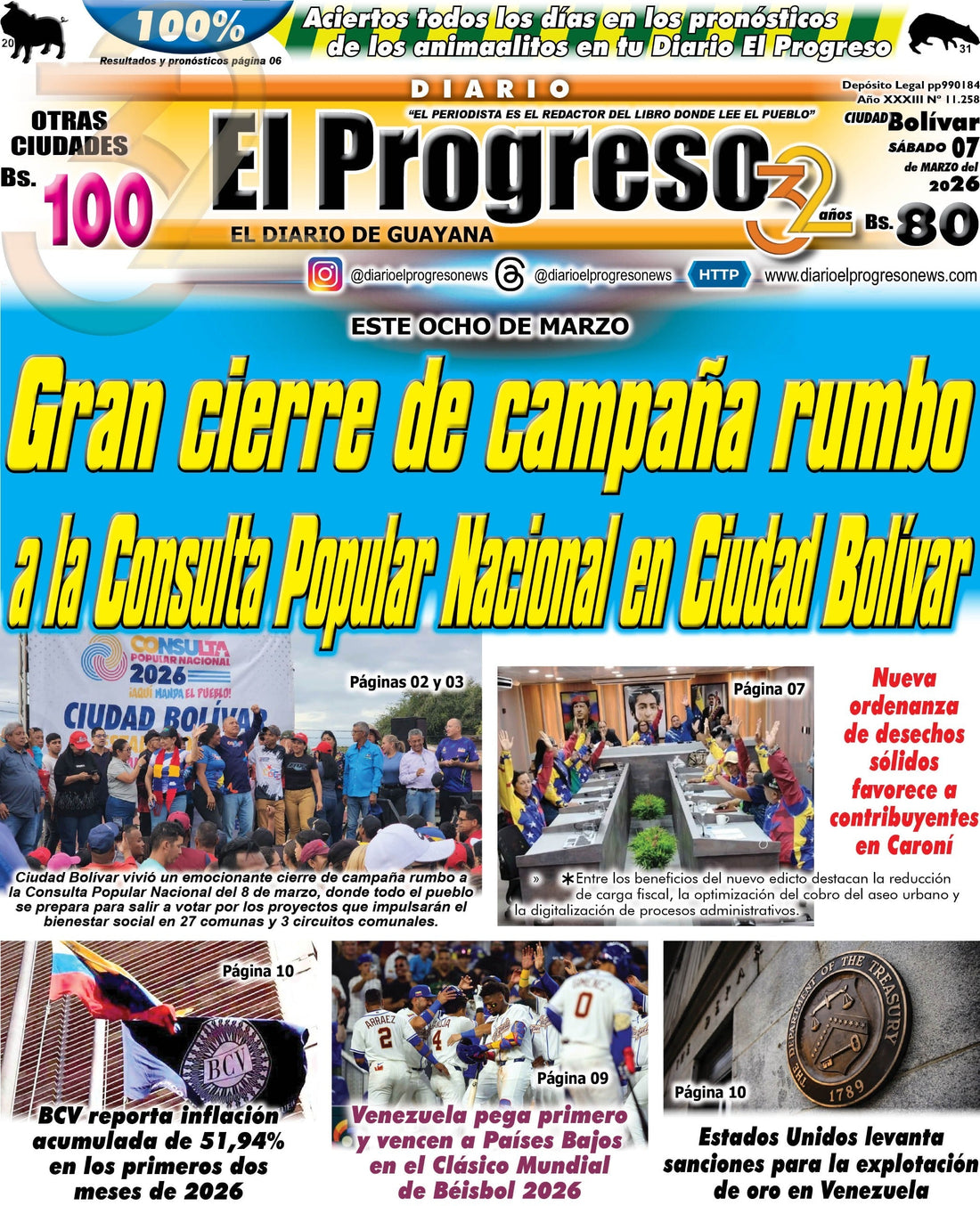 TITULARES DIARIO EL PROGRESO  EDICIÓN SÁBADO 07 MARZO DE 2026