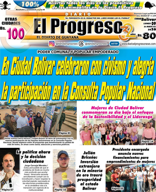 TITULARES DIARIO EL PROGRESO  EDICIÓN LUNES 09 MARZO DE 2026