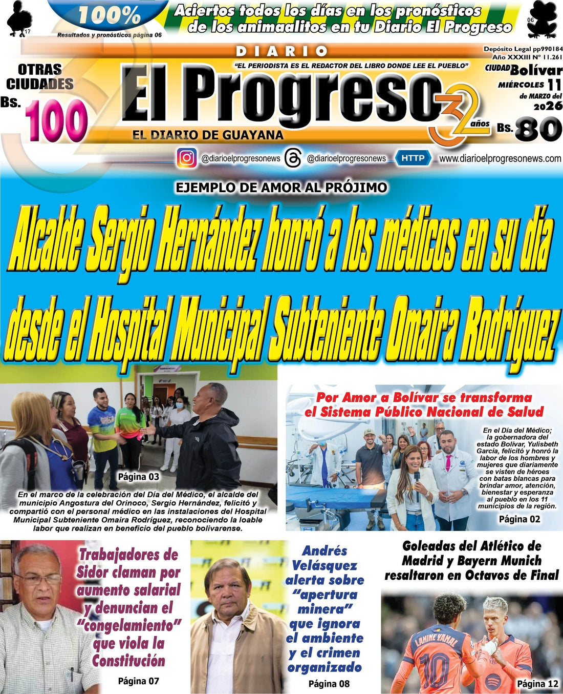 TITULARES DIARIO EL PROGRESO  EDICIÓN MIÉRCOLES 11 MARZO DE 2026