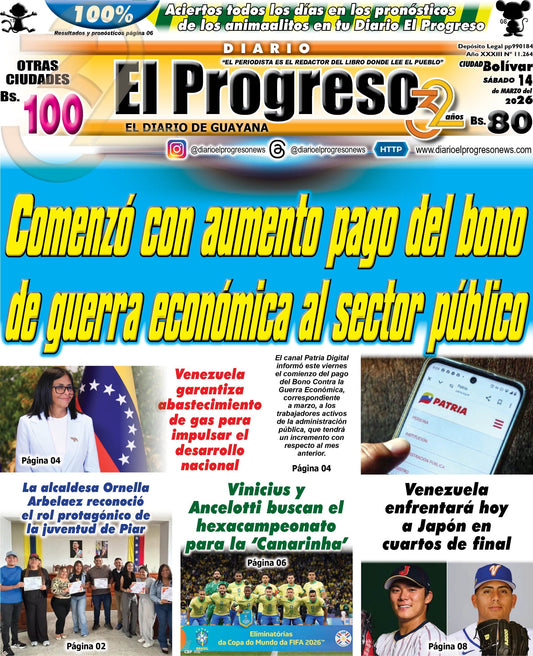 TITULARES DIARIO EL PROGRESO  EDICIÓN SÁBADO 14 MARZO DE 2026