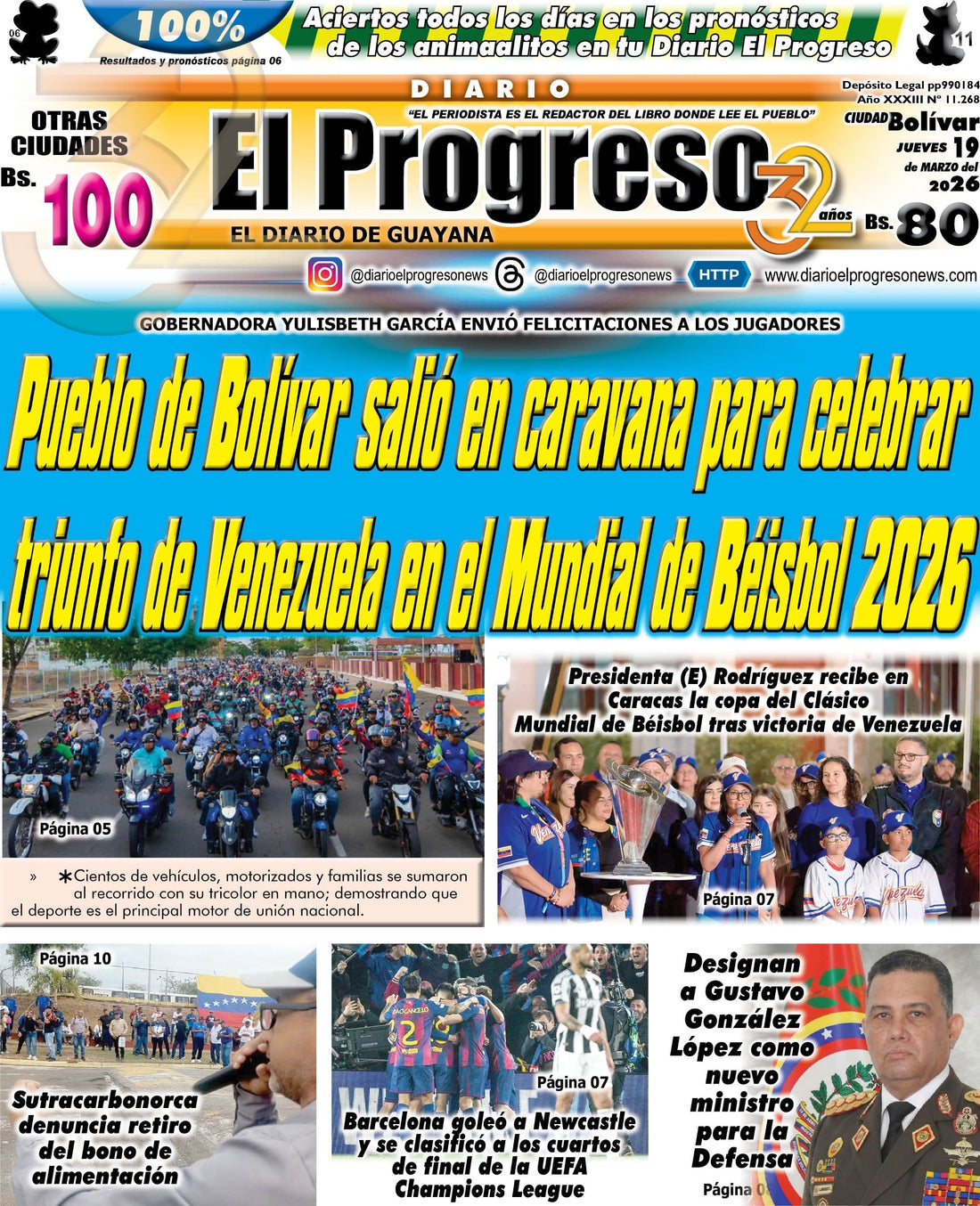 TITULARES DIARIO EL PROGRESO  EDICIÓN JUEVES 19 MARZO DE 2026