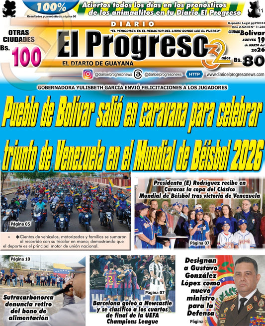 TITULARES DIARIO EL PROGRESO  EDICIÓN JUEVES 19 MARZO DE 2026