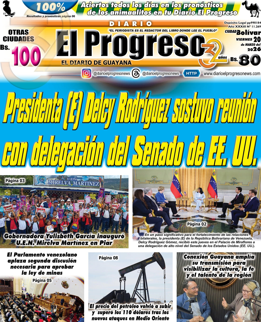 TITULARES DIARIO EL PROGRESO  EDICIÓN VIERNES 20 MARZO DE 2026