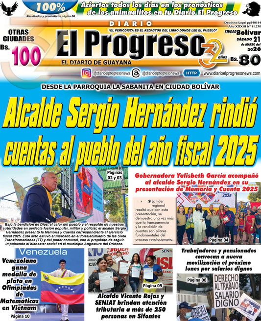 TITULARES DIARIO EL PROGRESO  EDICIÓN SÁBADO 21 MARZO DE 2026