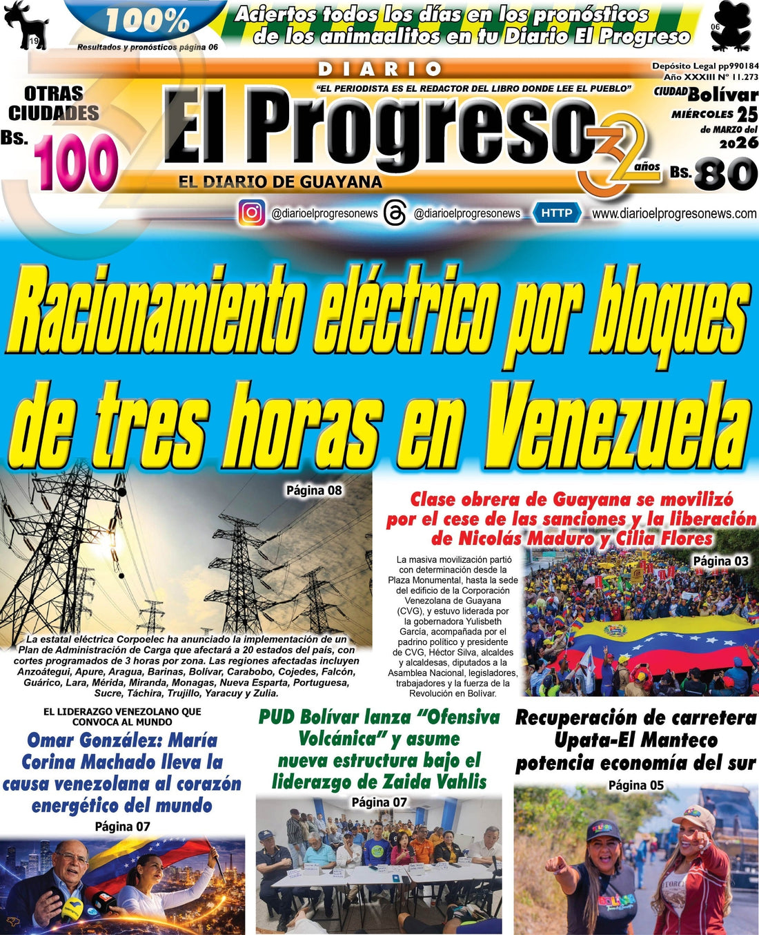 TITULARES DIARIO EL PROGRESO  EDICIÓN MIÉRCOLES 25 MARZO DE 2026