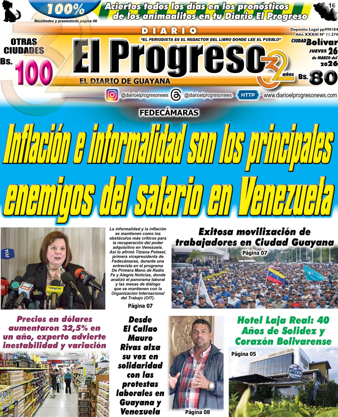 TITULARES DIARIO EL PROGRESO  EDICIÓN JUEVES 26 MARZO DE 2026