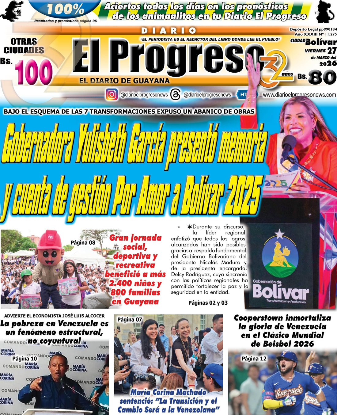 TITULARES DIARIO EL PROGRESO  EDICIÓN VIERNES 27 MARZO DE 2026