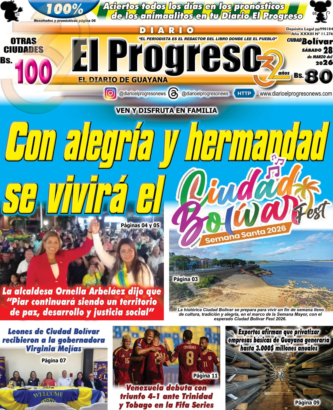 TITULARES DIARIO EL PROGRESO  EDICIÓN SÁBADO 28 MARZO DE 2026