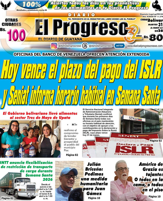 TITULARES DIARIO EL PROGRESO  EDICIÓN MARTES 31 MARZO DE 2026