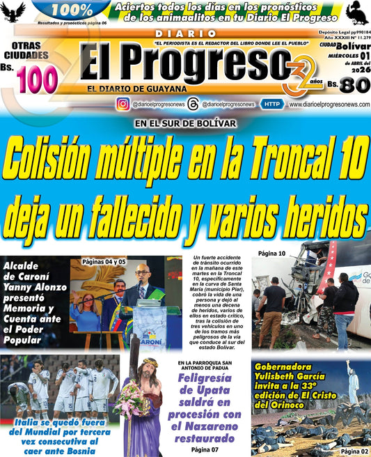 TITULARES DIARIO EL PROGRESO  EDICIÓN MIÉRCOLES 01 DE ABRIL DE 2026