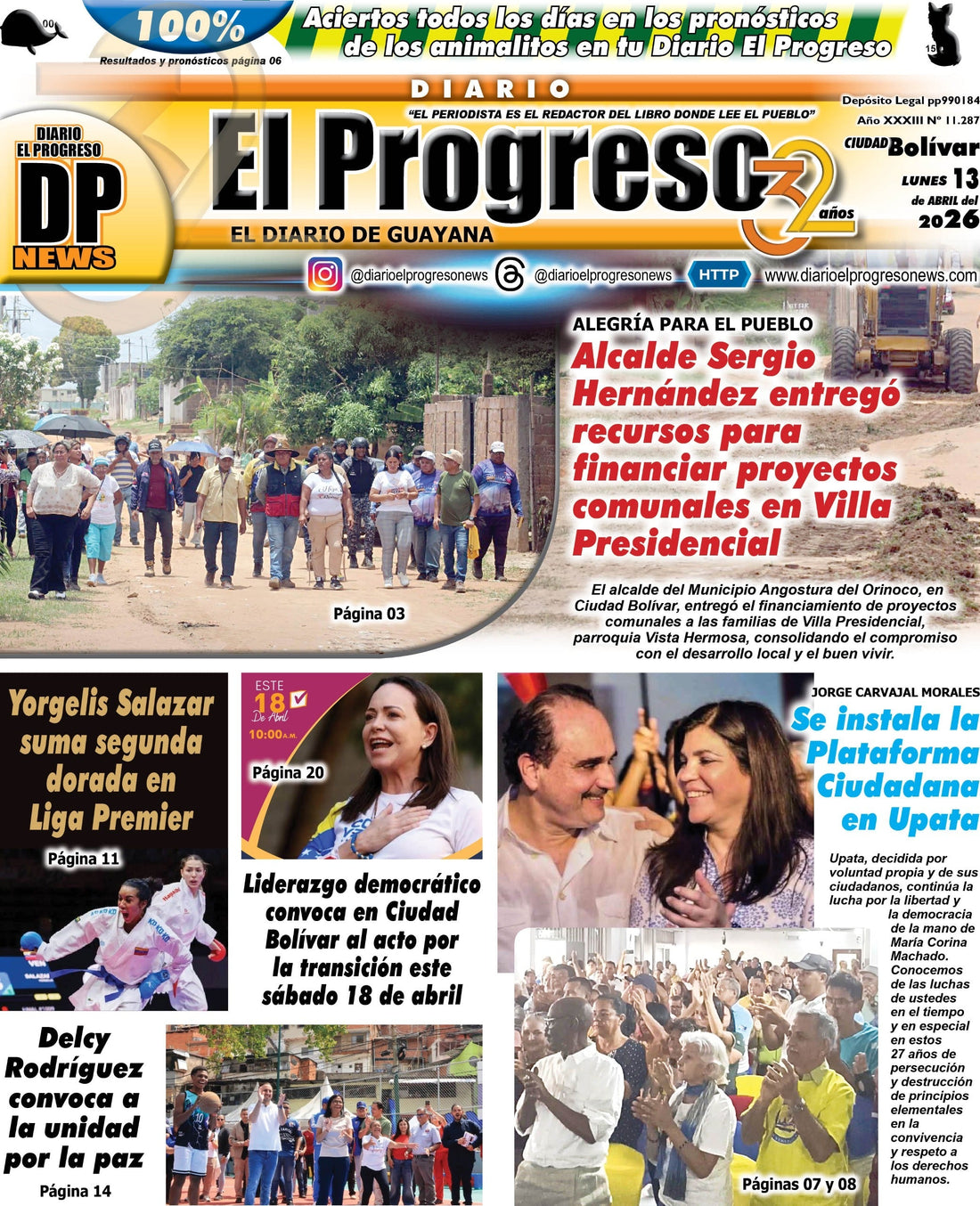 TITULARES DIARIO EL PROGRESO  EDICIÓN LUNES 13 DE ABRIL DE 2026
