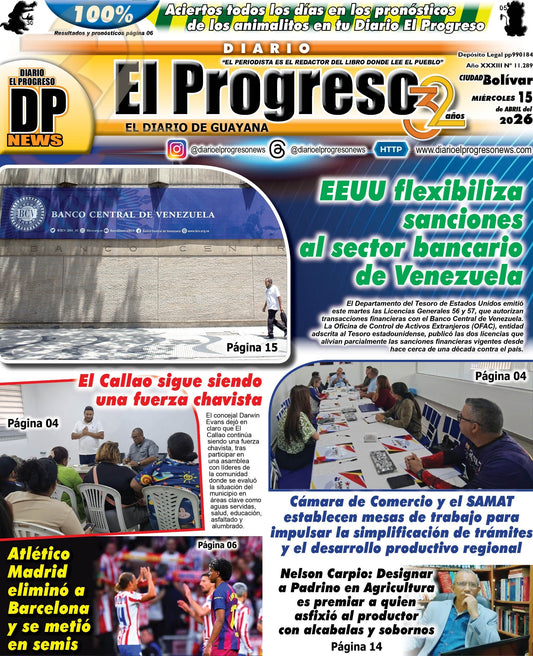 TITULARES DIARIO EL PROGRESO  EDICIÓN MIÉRCOLES 15 DE ABRIL DE 2026