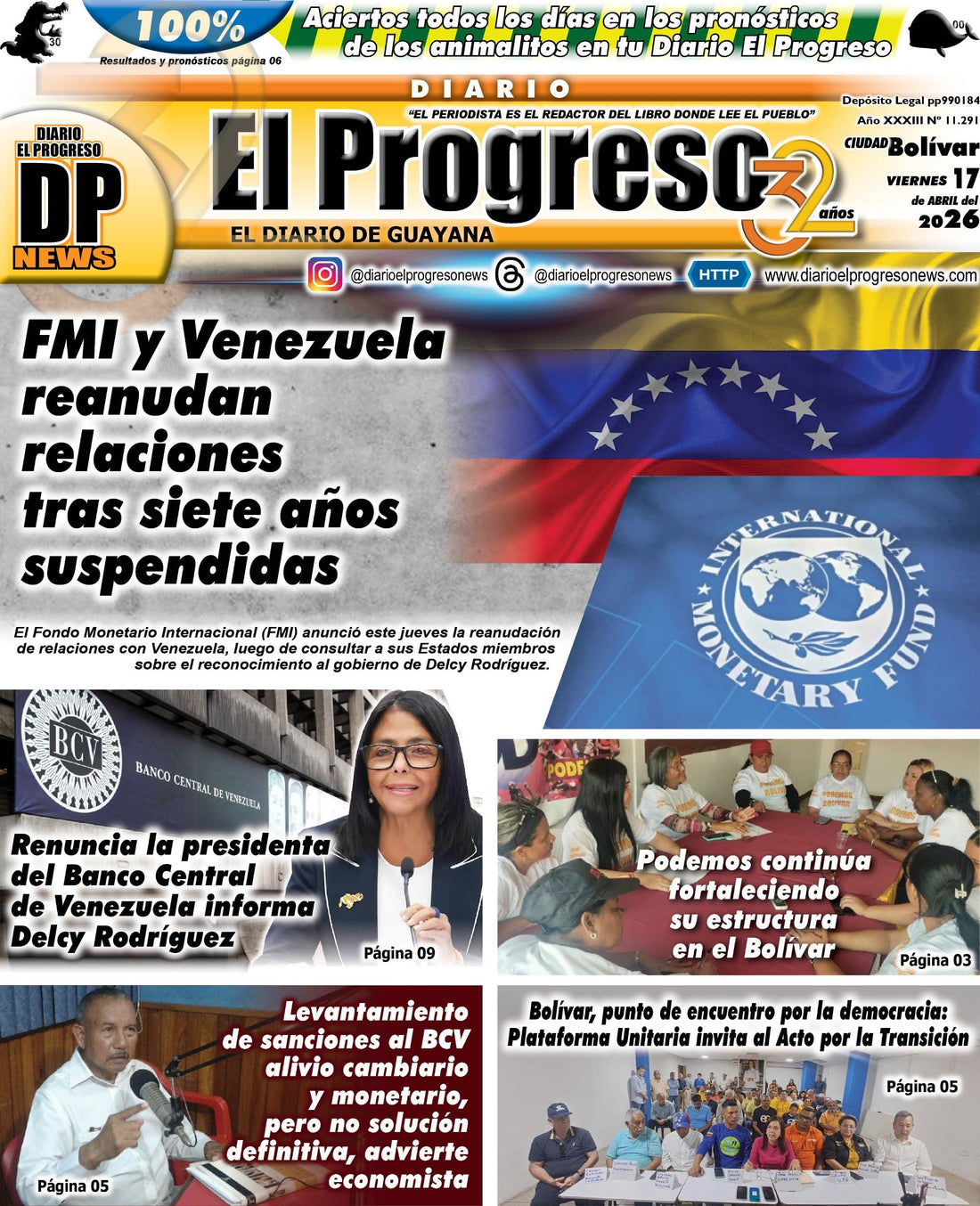 TITULARES DIARIO EL PROGRESO  EDICIÓN VIERNES 17 DE ABRIL DE 2026