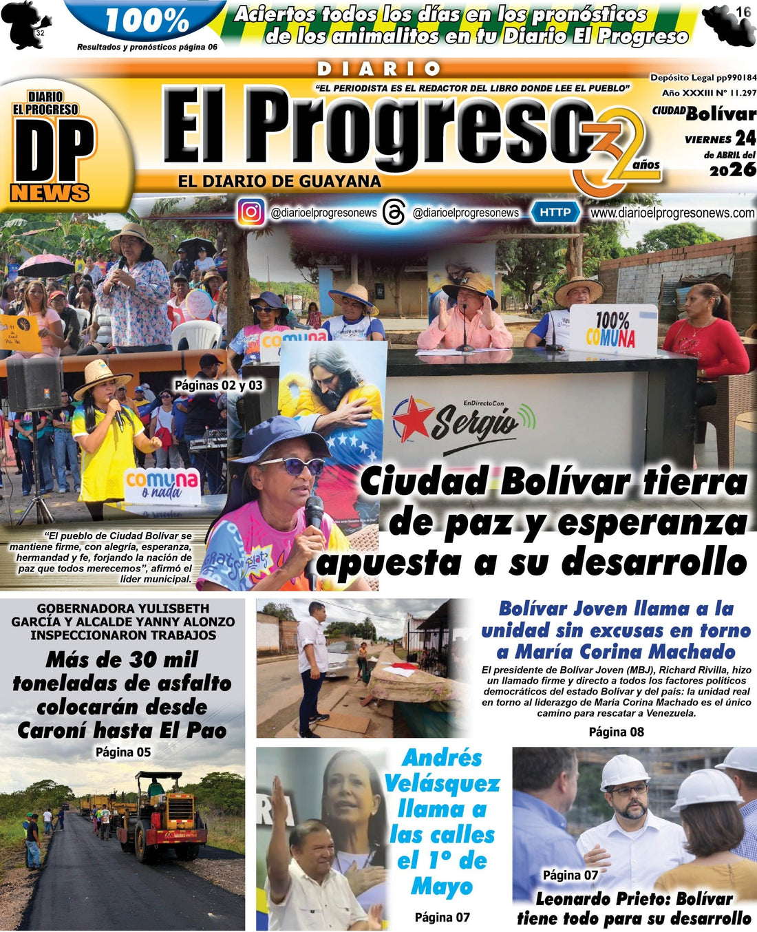 TITULARES DIARIO EL PROGRESO  EDICIÓN VIERNES 24 DE ABRIL DE 2026