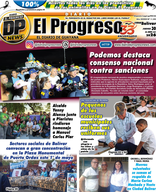TITULARES DIARIO EL PROGRESO  EDICIÓN JUEVES 30 DE ABRIL DE 2026