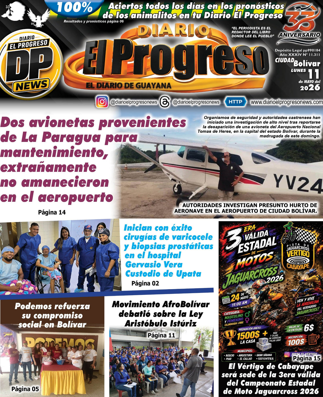 TITULARES DIARIO EL PROGRESO  EDICIÓN LUNES 11 DE MAYO DE 2026