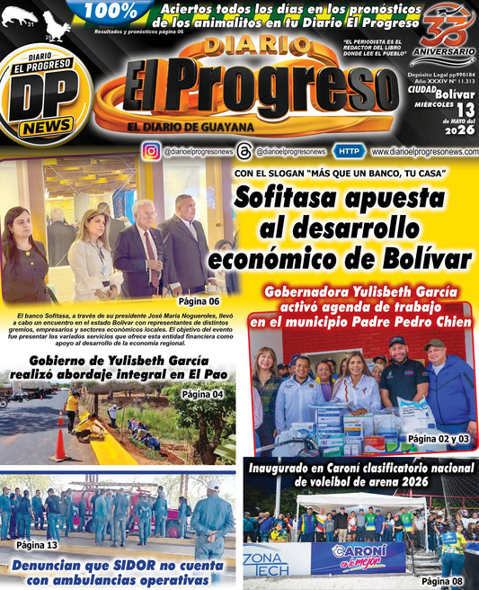 TITULARES DIARIO EL PROGRESO  EDICIÓN MIÉRCOLES 13 DE MAYO DE 2026
