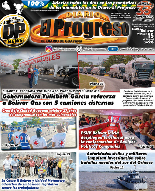 TITULARES DIARIO EL PROGRESO  EDICIÓN VIERNES 15 DE MAYO DE 2026
