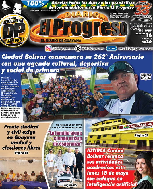TITULARES DIARIO EL PROGRESO  EDICIÓN SÁBADO 16 DE MAYO DE 2026