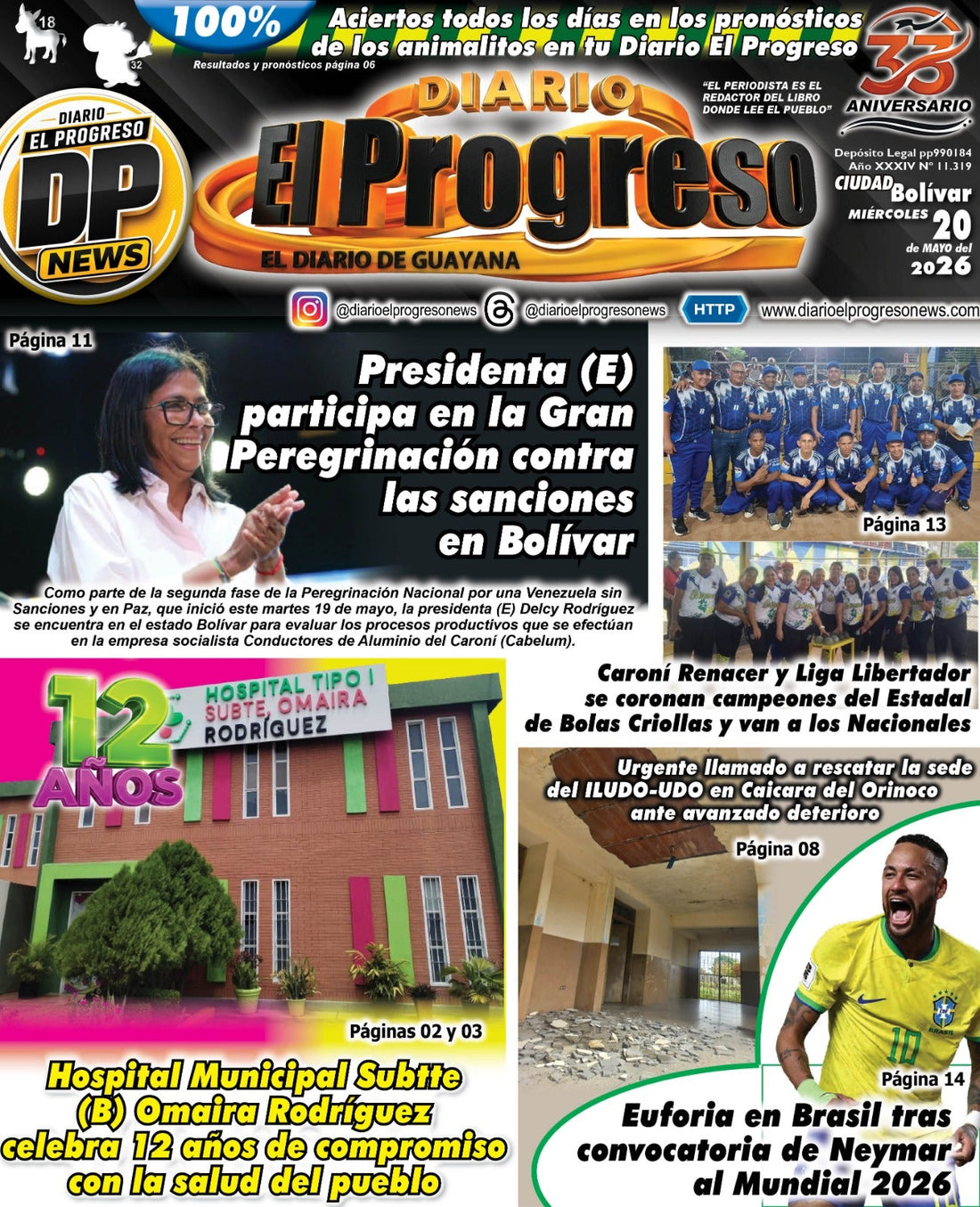 TITULARES DIARIO EL PROGRESO  EDICIÓN MIÉRCOLES 20 DE MAYO DE 2026