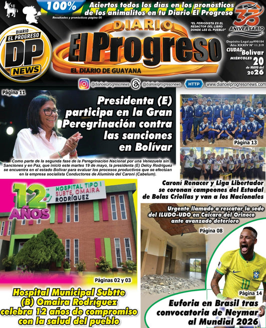 TITULARES DIARIO EL PROGRESO  EDICIÓN MIÉRCOLES 20 DE MAYO DE 2026