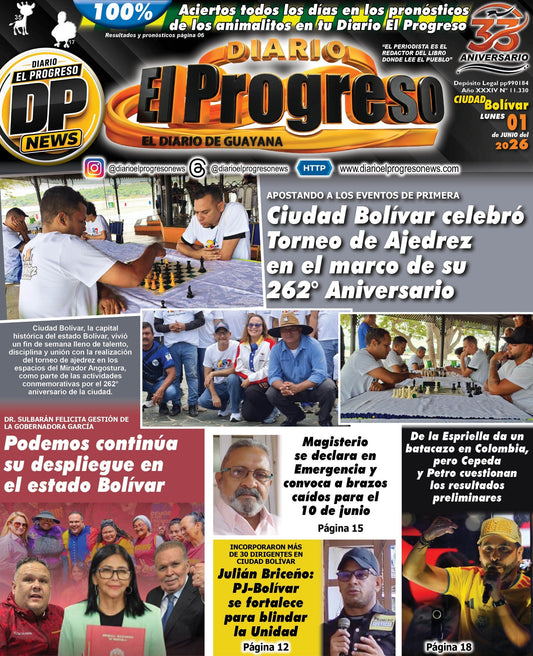 TITULARES DIARIO EL PROGRESO  EDICIÓN LUNES 01 DE JUNIO DE 2026