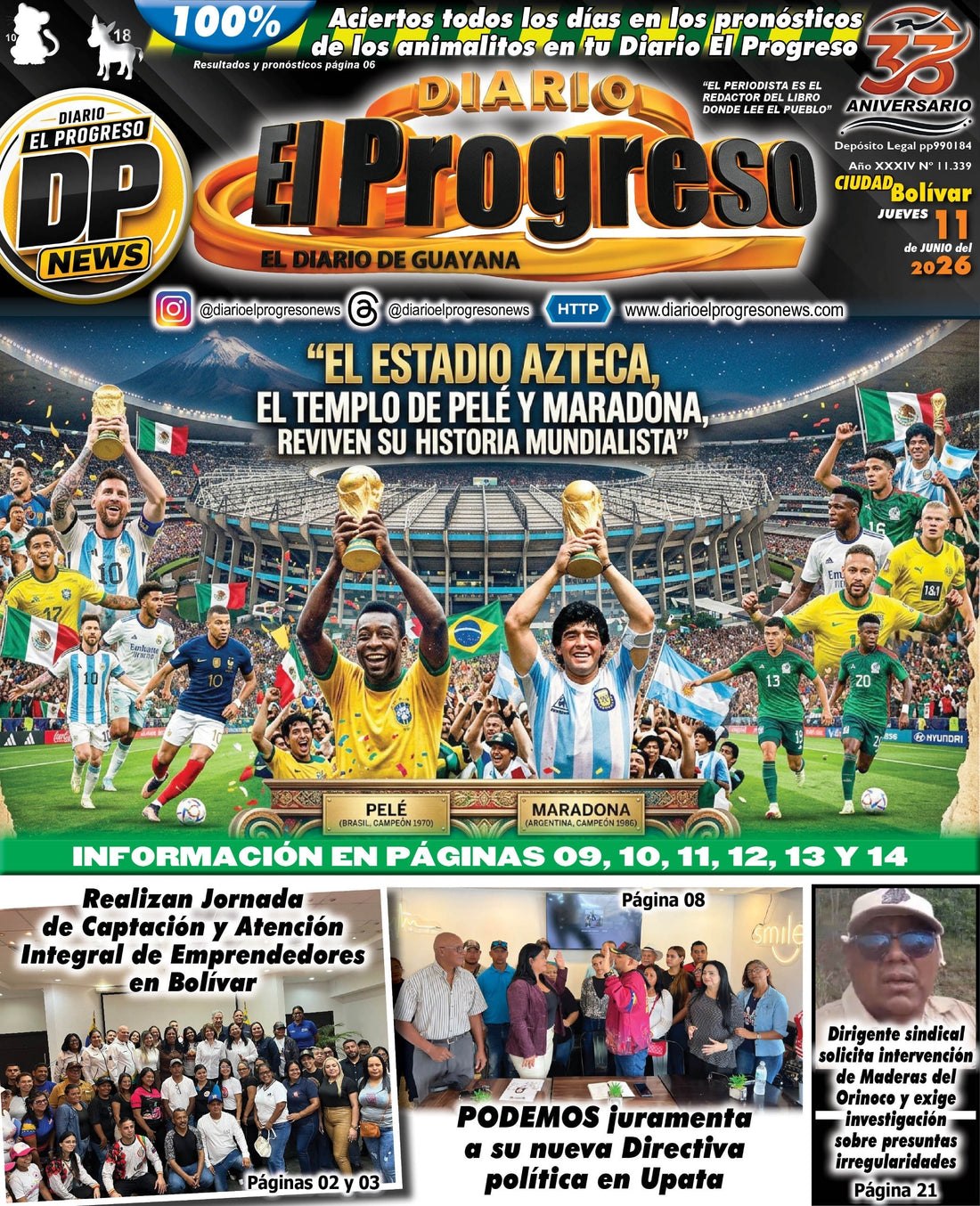 TITULARES DIARIO EL PROGRESO  EDICIÓN JUEVES 11 DE JUNIO DE 2026