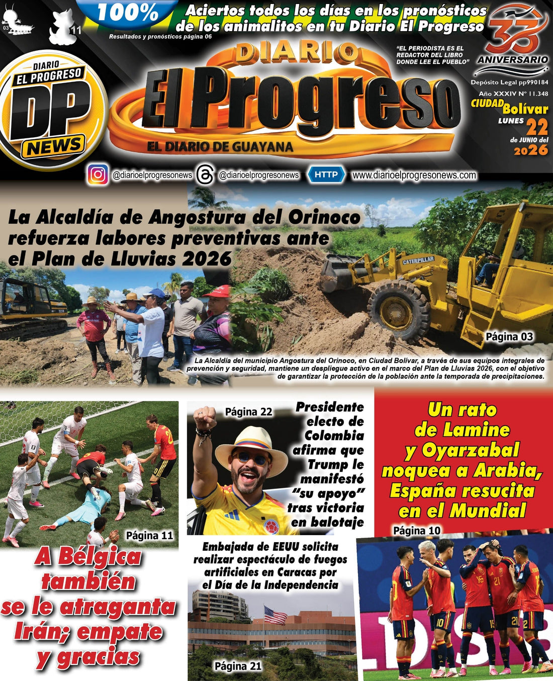 TITULARES DIARIO EL PROGRESO  EDICIÓN LUNES 22 DE JUNIO DE 2026