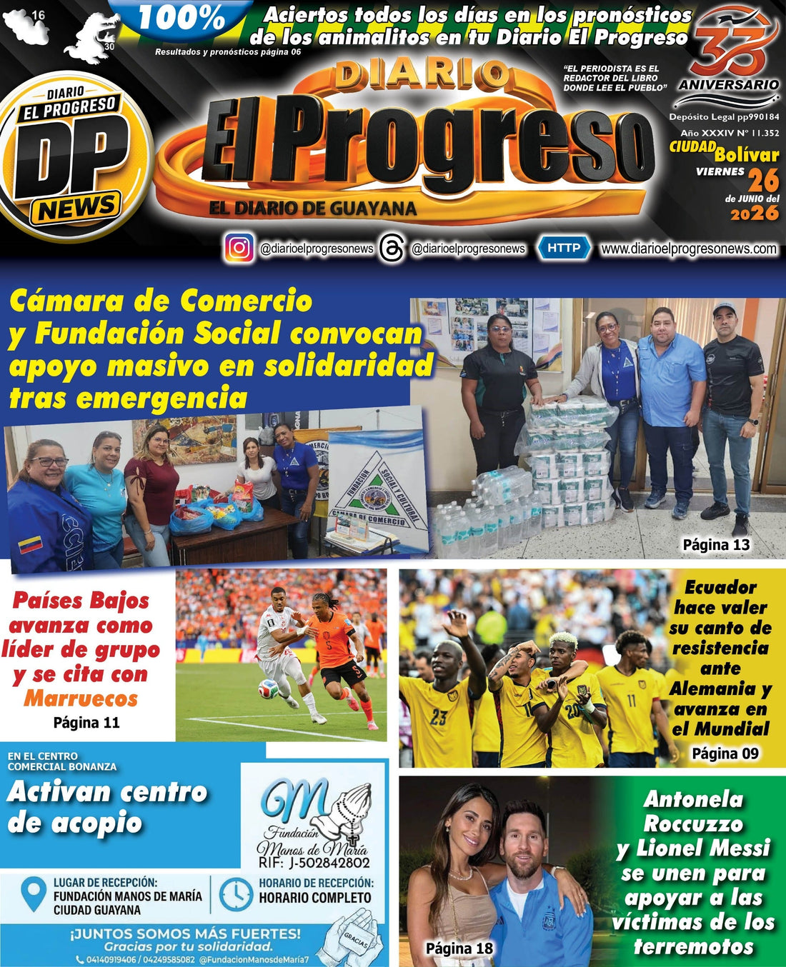 TITULARES DIARIO EL PROGRESO  EDICIÓN VIERNES 26 DE JUNIO DE 2026