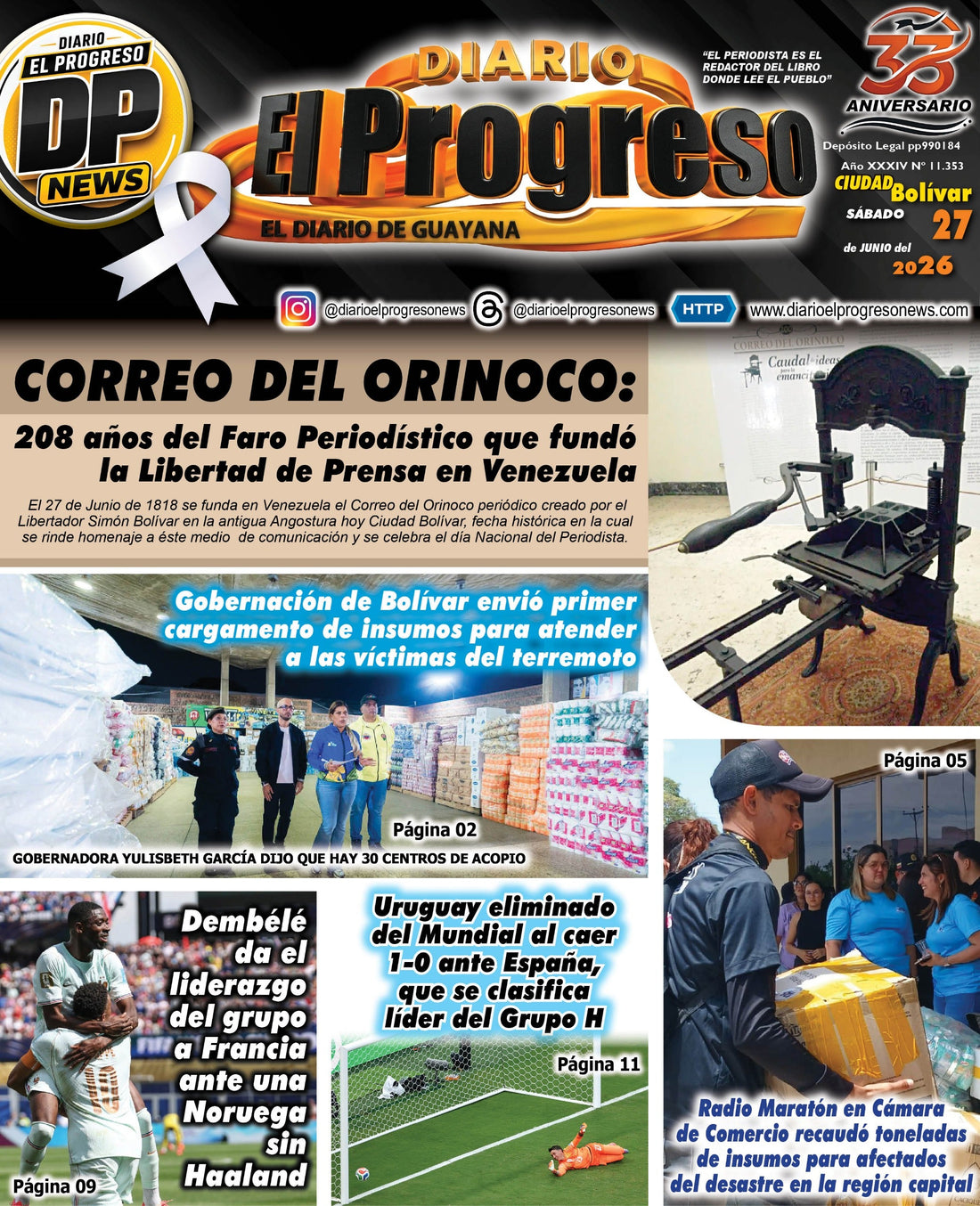 TITULARES DIARIO EL PROGRESO  EDICIÓN SÁBADO 27 DE JUNIO DE 2026