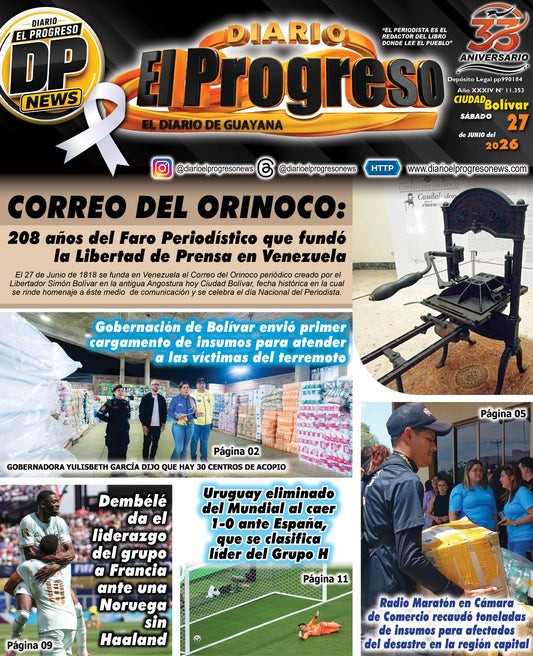 TITULARES DIARIO EL PROGRESO  EDICIÓN SÁBADO 27 DE JUNIO DE 2026