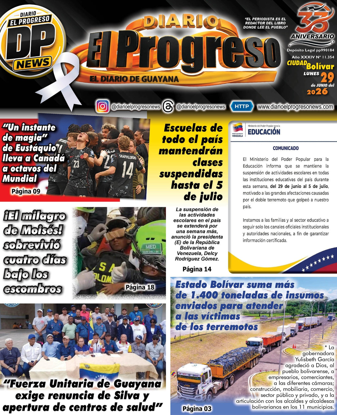 TITULARES DIARIO EL PROGRESO  EDICIÓN LUNES 29 DE JUNIO DE 2026